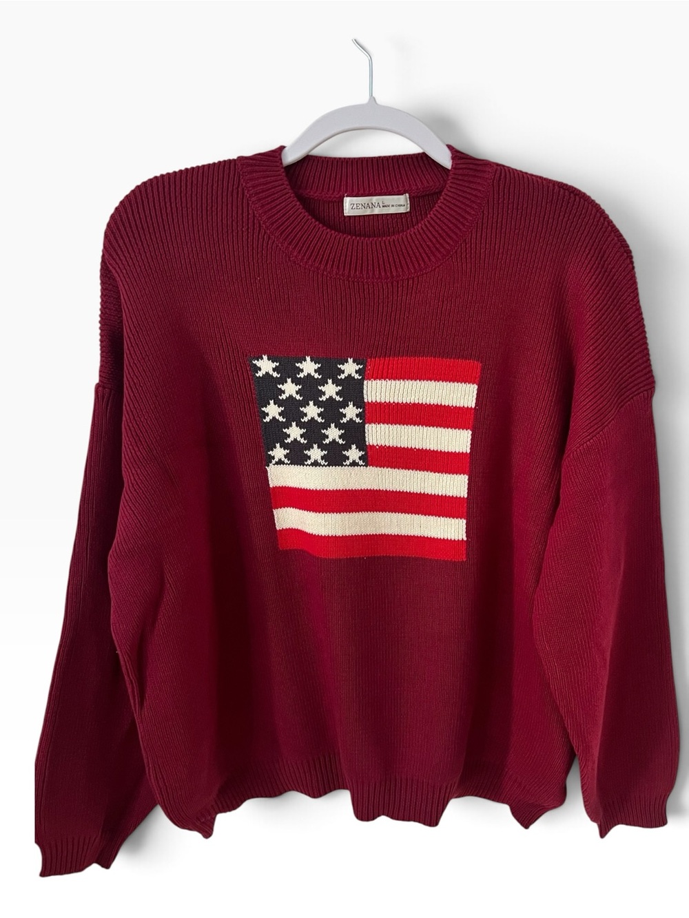 Zenana Burgundy Crewneck Sweater with American Flag Embroidered Knit